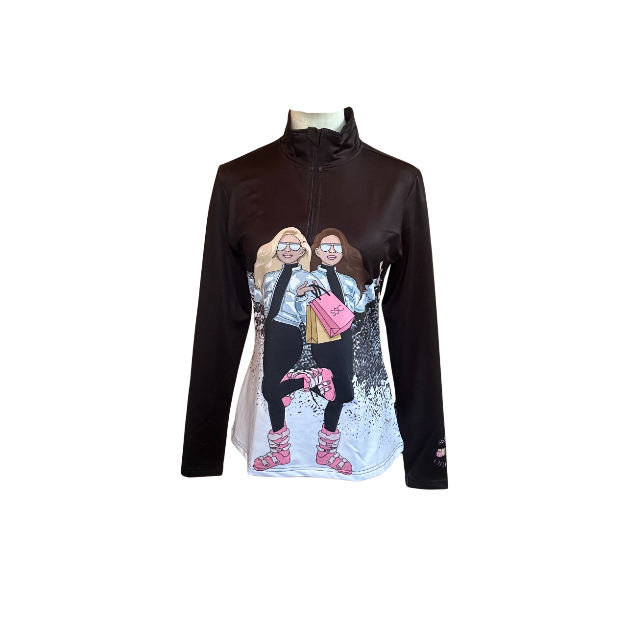 Two Girl Ski Top 3/4 zip base layer - Black/Multi