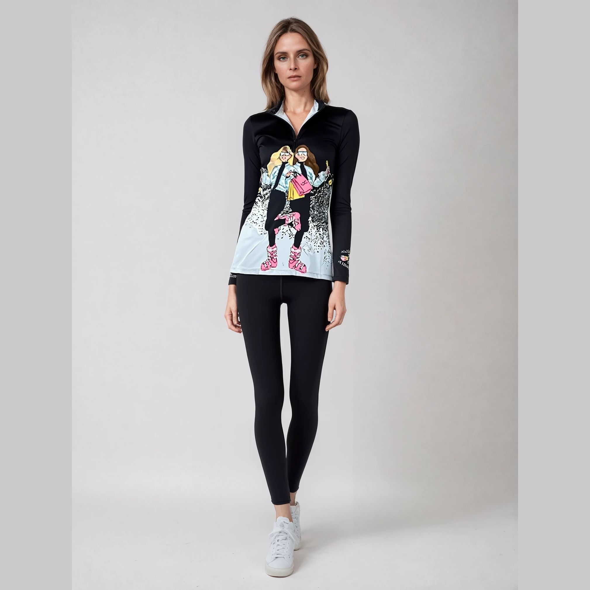 Two Girl Ski Top 3/4 zip base layer - Black/Multi