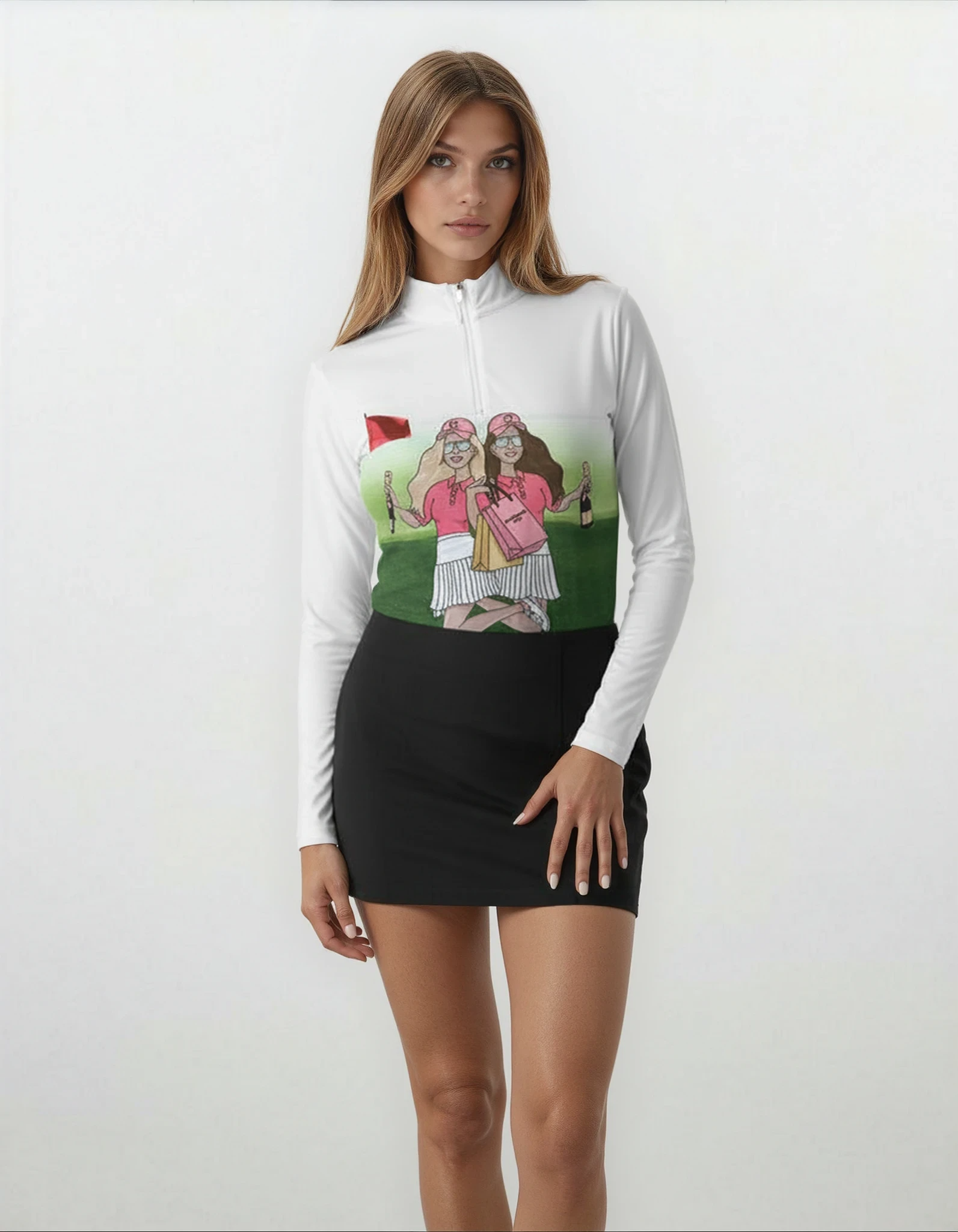 Two Girl Golf Shirt Long Sleeve - White/Multi