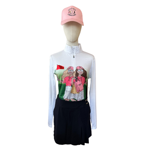 Two Girl Golf Shirt Long Sleeve - White/Multi