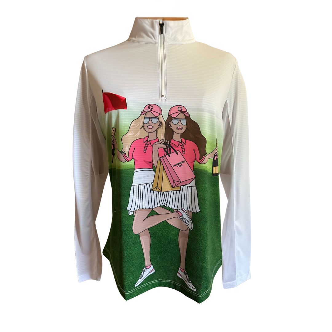 Two Girl Golf Shirt Long Sleeve - White/Multi