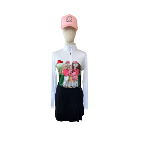 Two Girl Golf Shirt Long Sleeve - White/Multi